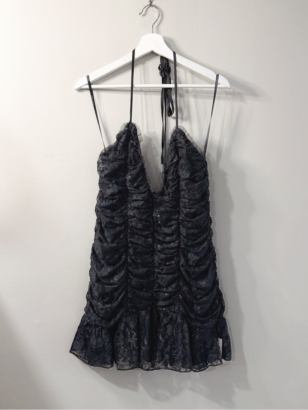 For Love & Lemons Women's Black Lace Ruched Mini Dress NWT Y2K Coquette Party De